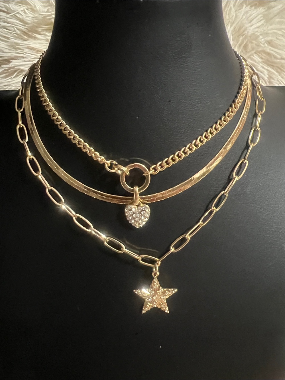 Gold Layered Heart & Star Pendant Necklace Set